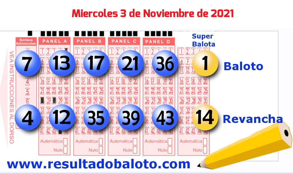 Baloto del Miércoles 3 de Noviembre de 2021